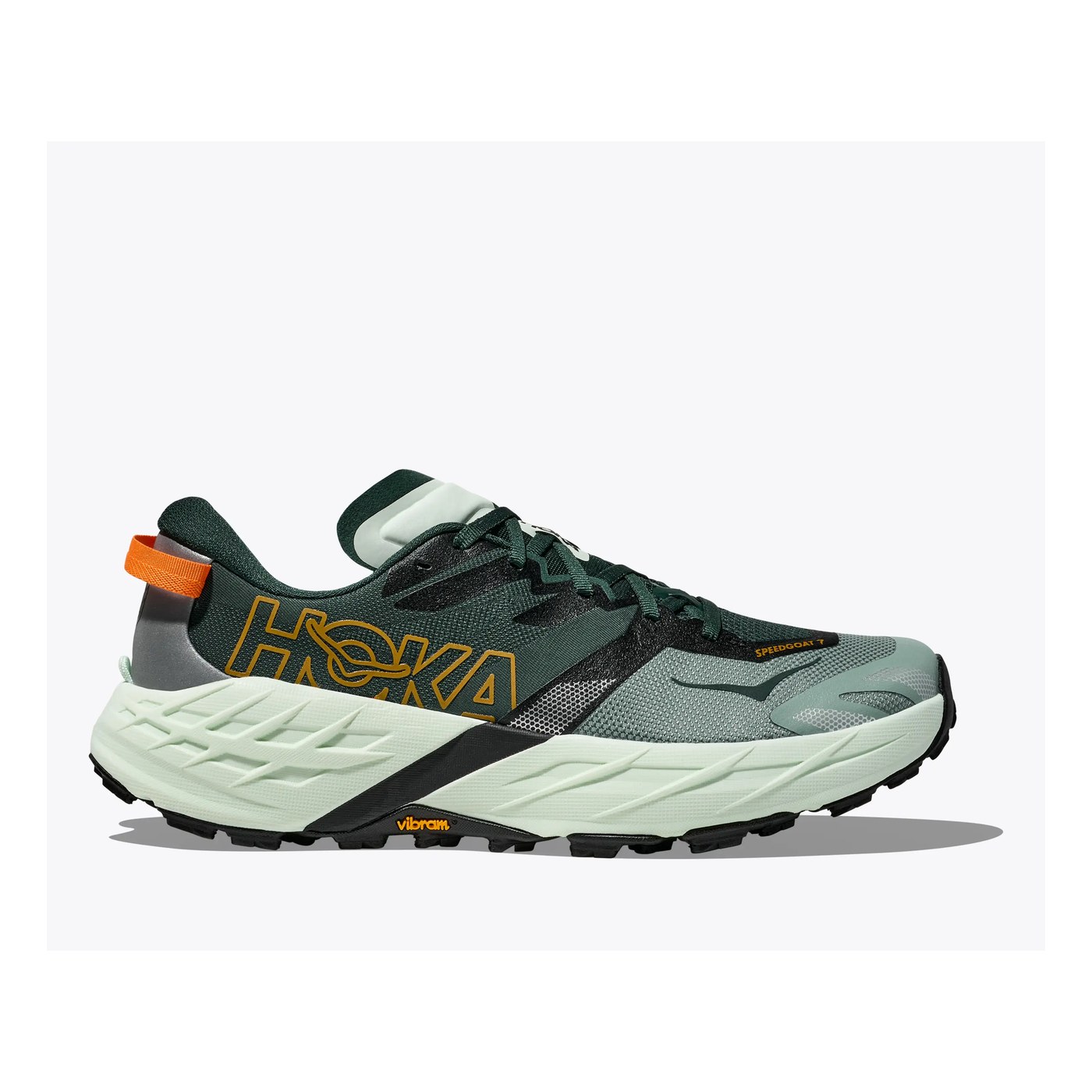 Hoka Speedgoat 7, vue de profil latéral montrant le rocker trail et le stack