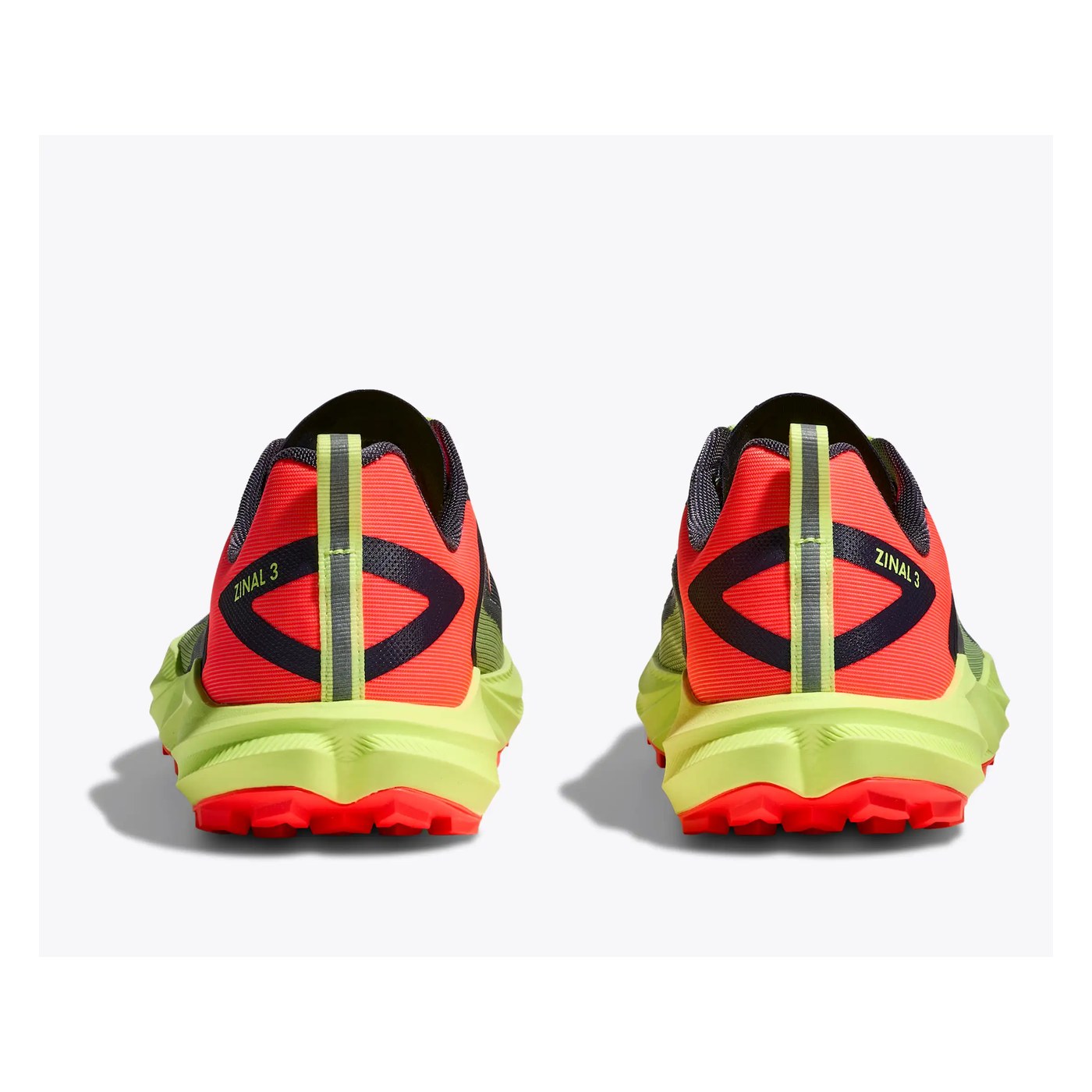 Hoka Zinal 3 vue talon arrière - paire Squid Ink Neon Yuzu