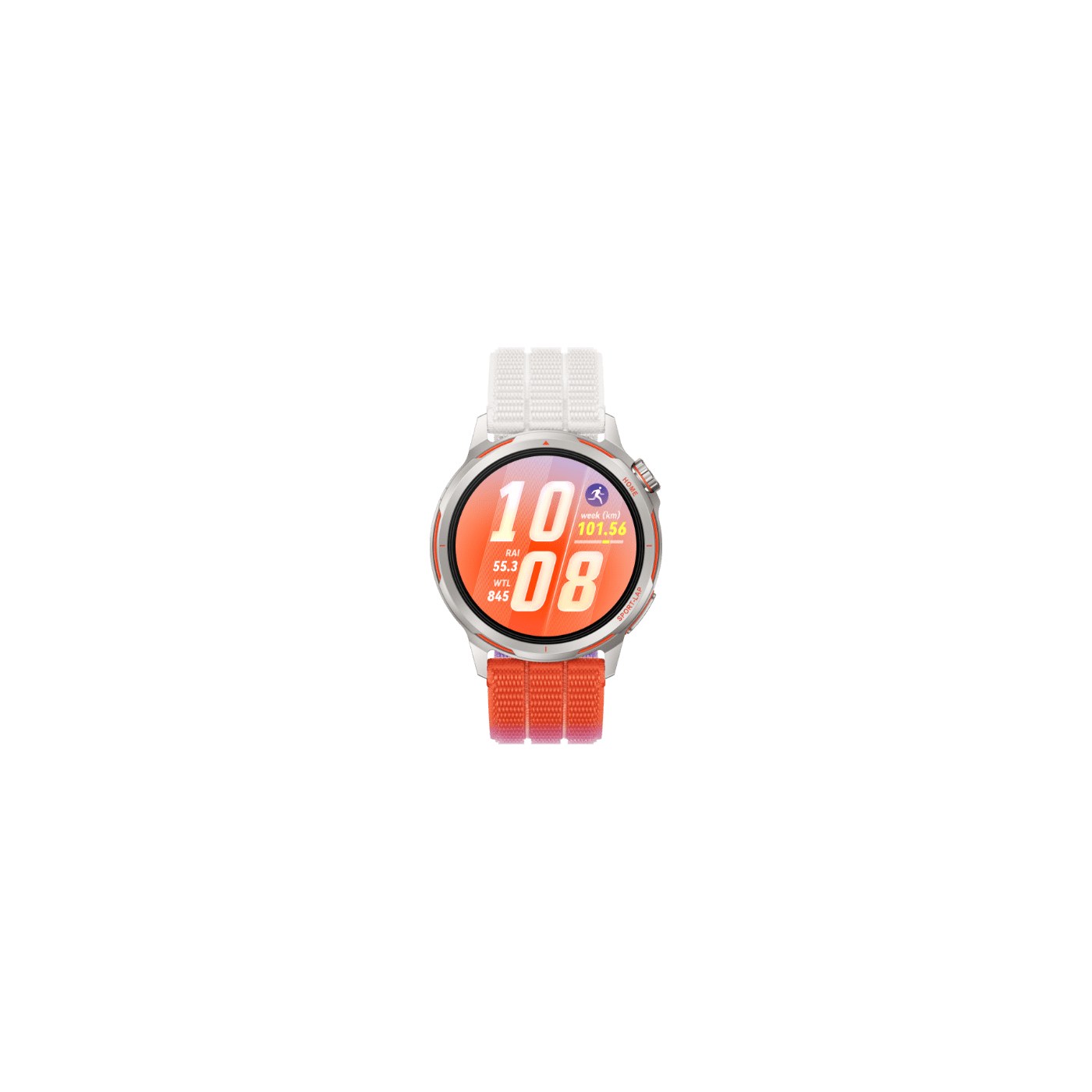 Huawei Watch GT Runner 2 coloris Dawn Orange, vue de face avec bracelet AirDry tissé