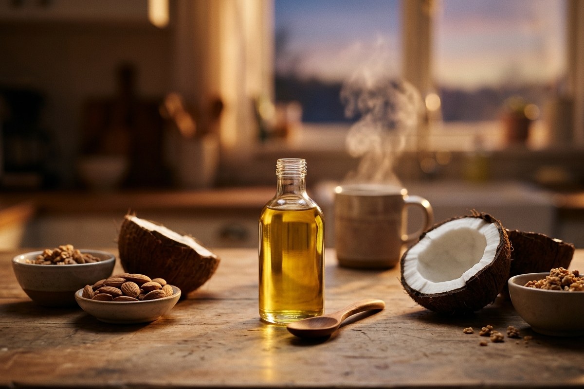 Bouteille d'huile MCT entouree de noix de coco et d'amandes sur un plan de travail au lever du jour