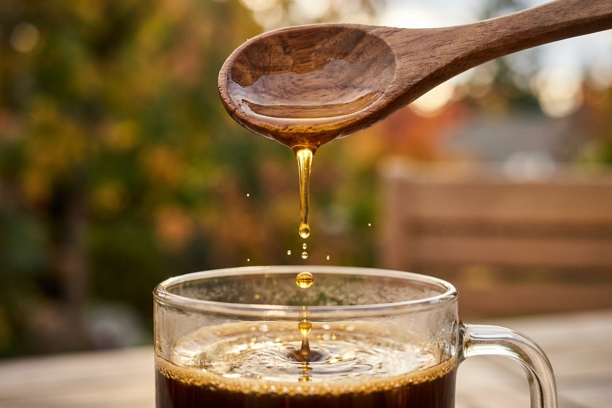 Gros plan sur de l'huile MCT versee a la cuillere dans une tasse de cafe