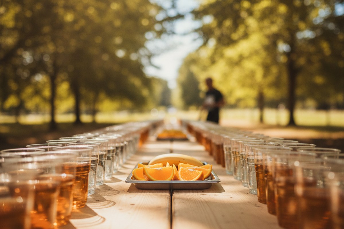 Table d'un ravitaillement de marathon avec rangees de gobelets et oranges sous lumiere chaude