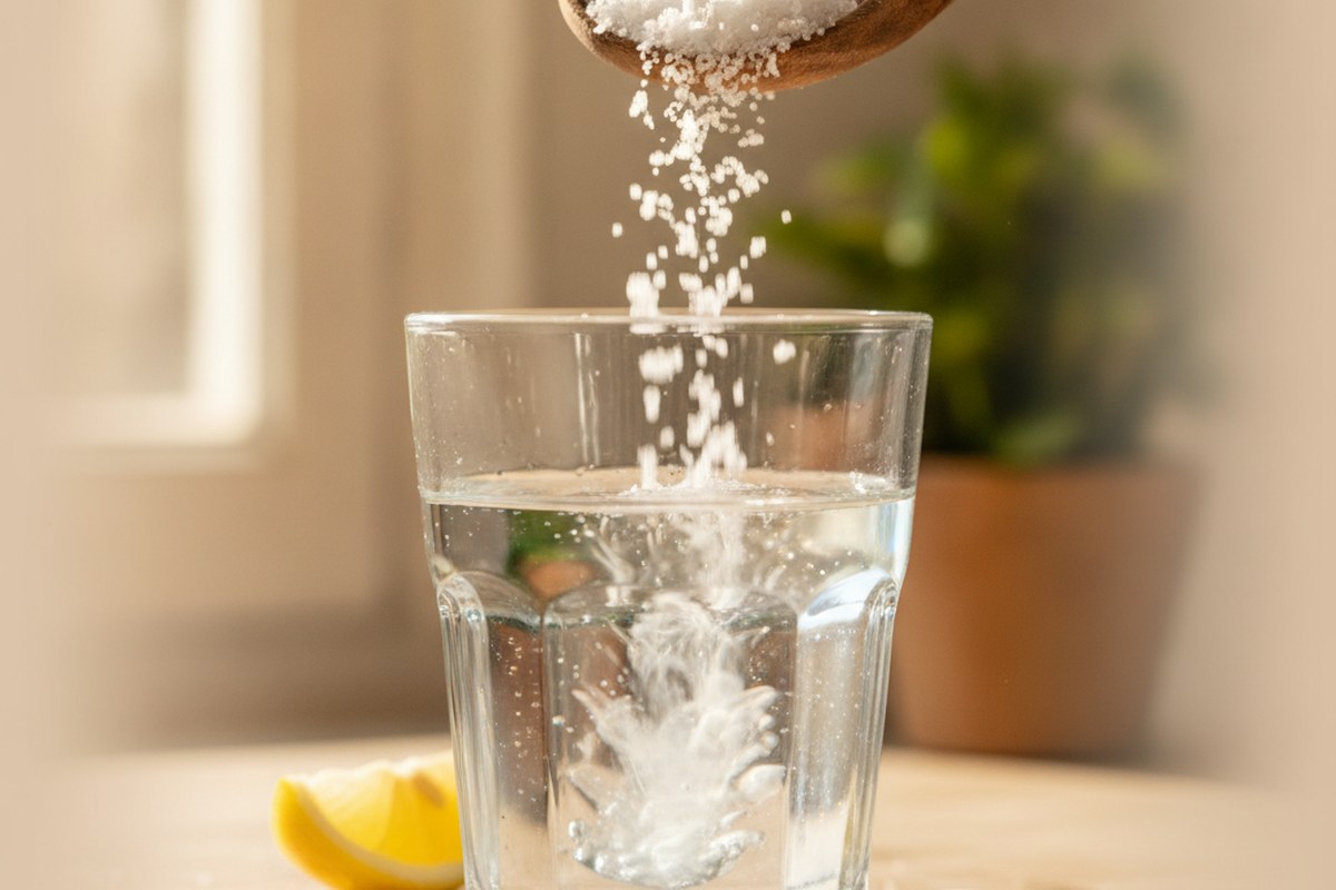 Cristaux de sel verses dans un verre d'eau avec quartier de citron sur plan de travail
