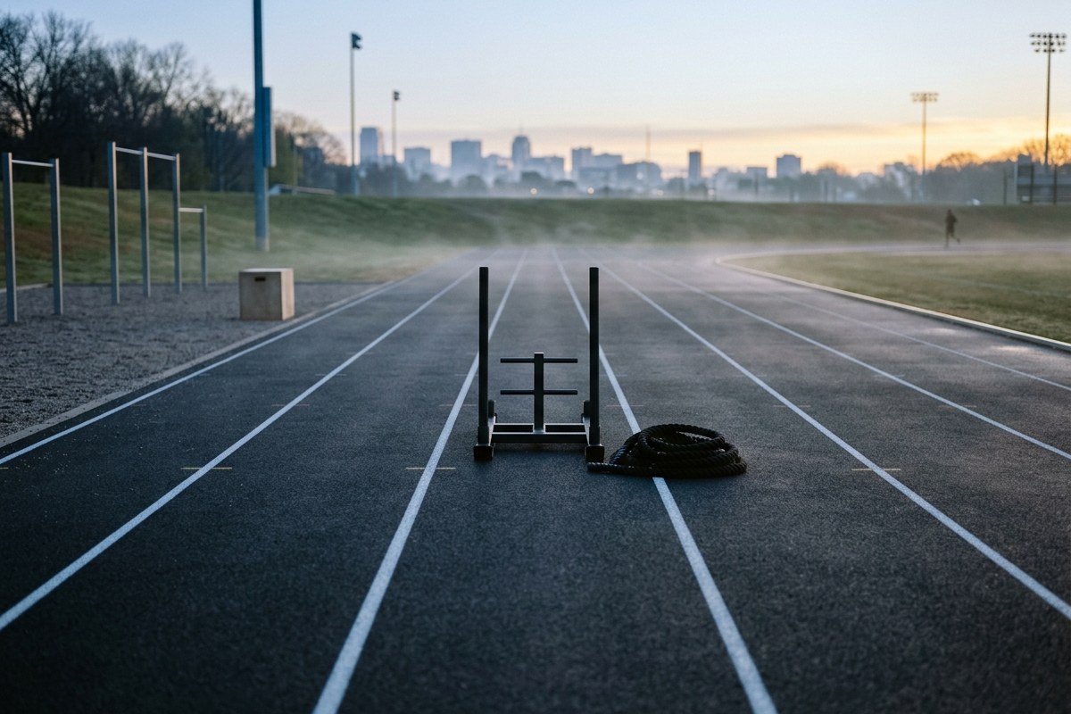 Piste d'athlétisme vide à l'aube avec un traîneau de force posé sur une ligne