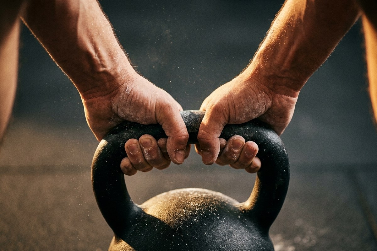 Gros plan sur deux mains couvertes de magnésie qui serrent la poignée d'un kettlebell