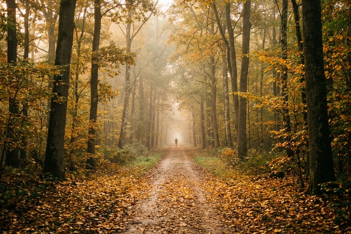 Coureur solitaire sur un chemin forestier embrumé en automne