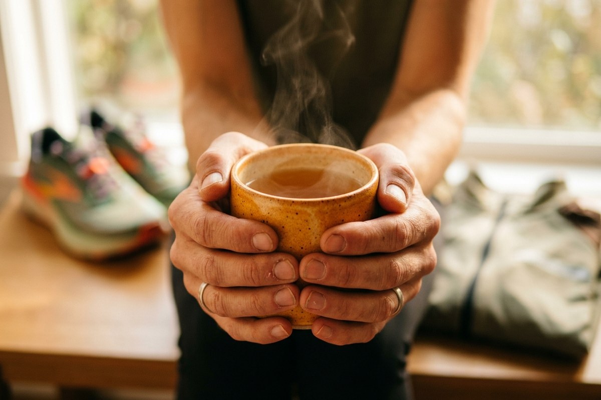 Mains tenant une tasse de thé fumante près de chaussures de running