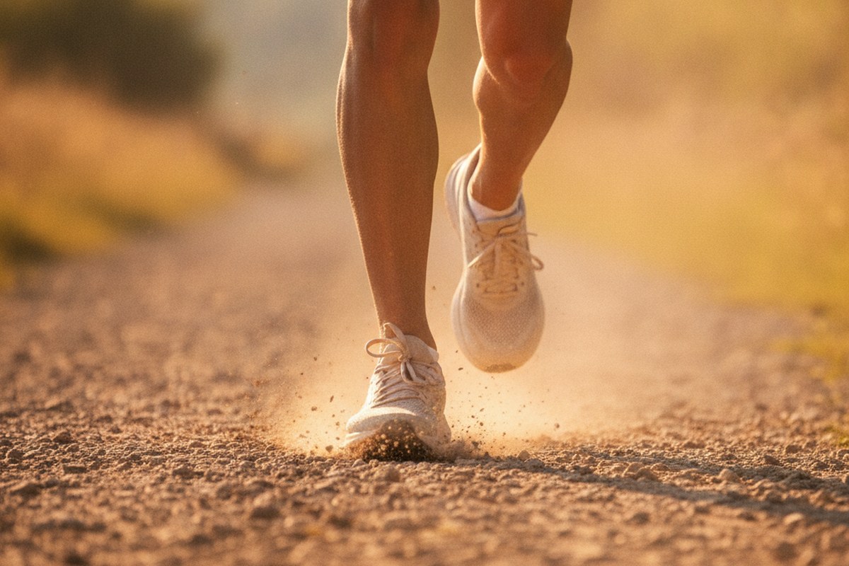 Gros plan sur les jambes et les chaussures d'une coureuse en pleine foulée sur un chemin de terre