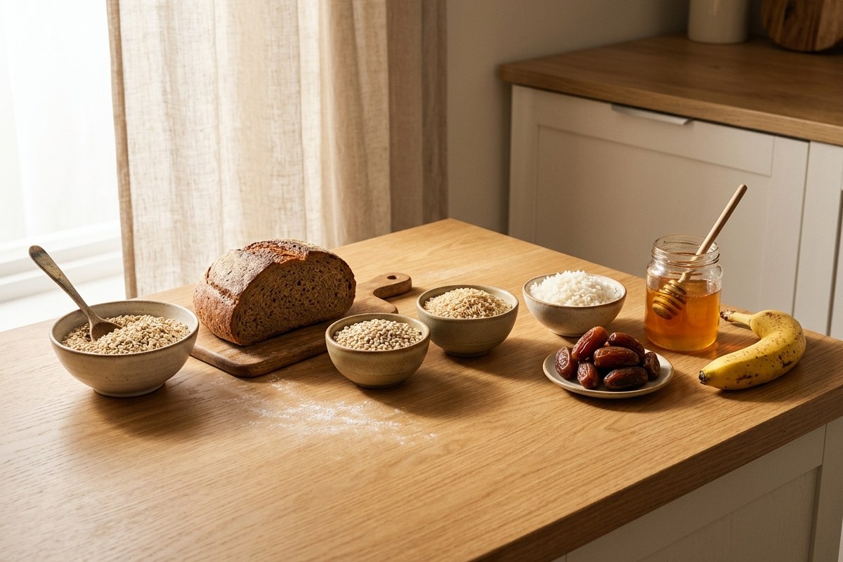 Aliments glucidiques du coureur arranges du index bas vers l index eleve sur un plan de travail en bois