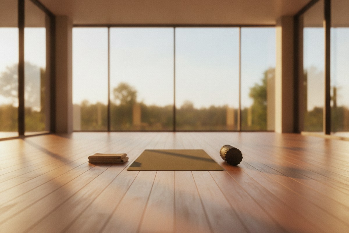 Salle de renforcement épurée au lever du soleil avec tapis et foam roller posés au centre
