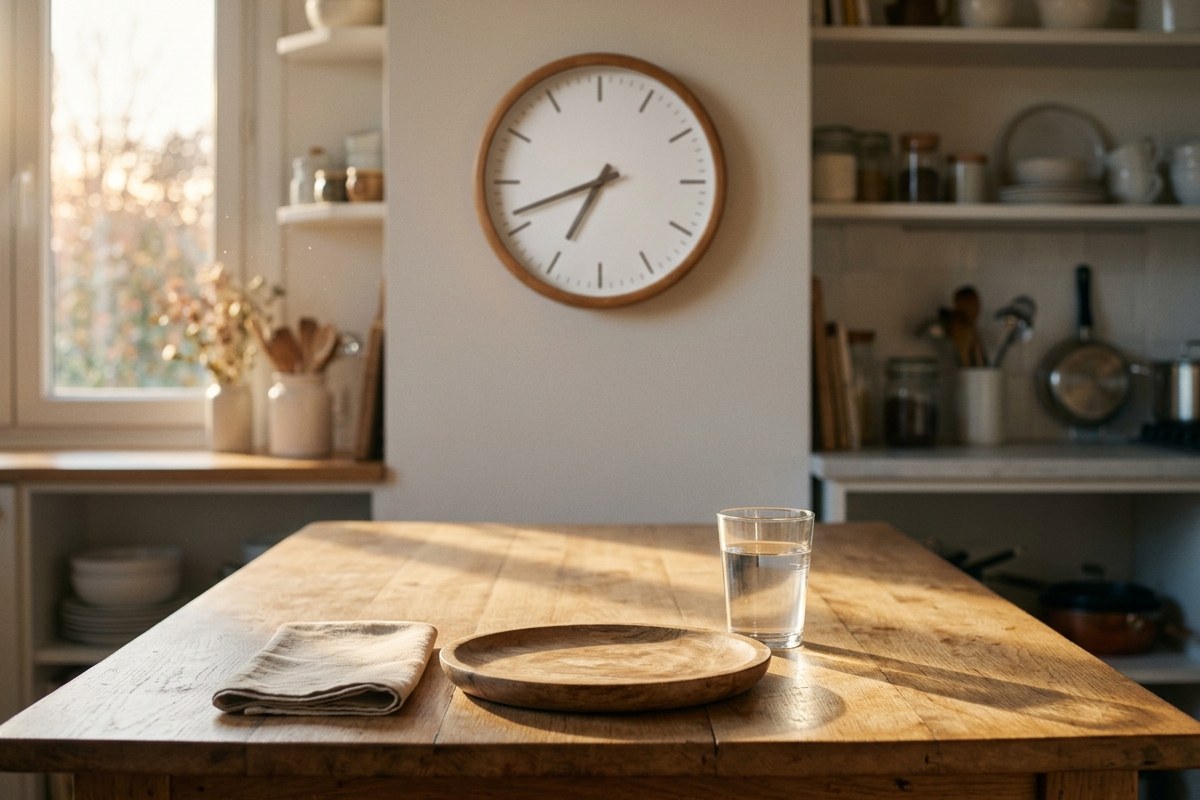 Table de petit-déjeuner ensoleillée avec assiette vide et horloge murale, symbole de la fenêtre de jeûne qui n'est pas encore ouverte