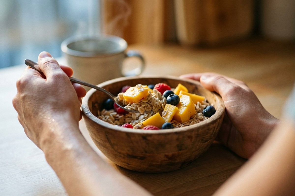 Mains ouvrant un bol de flocons d'avoine et de fruits frais au moment de l'ouverture de la fenêtre alimentaire