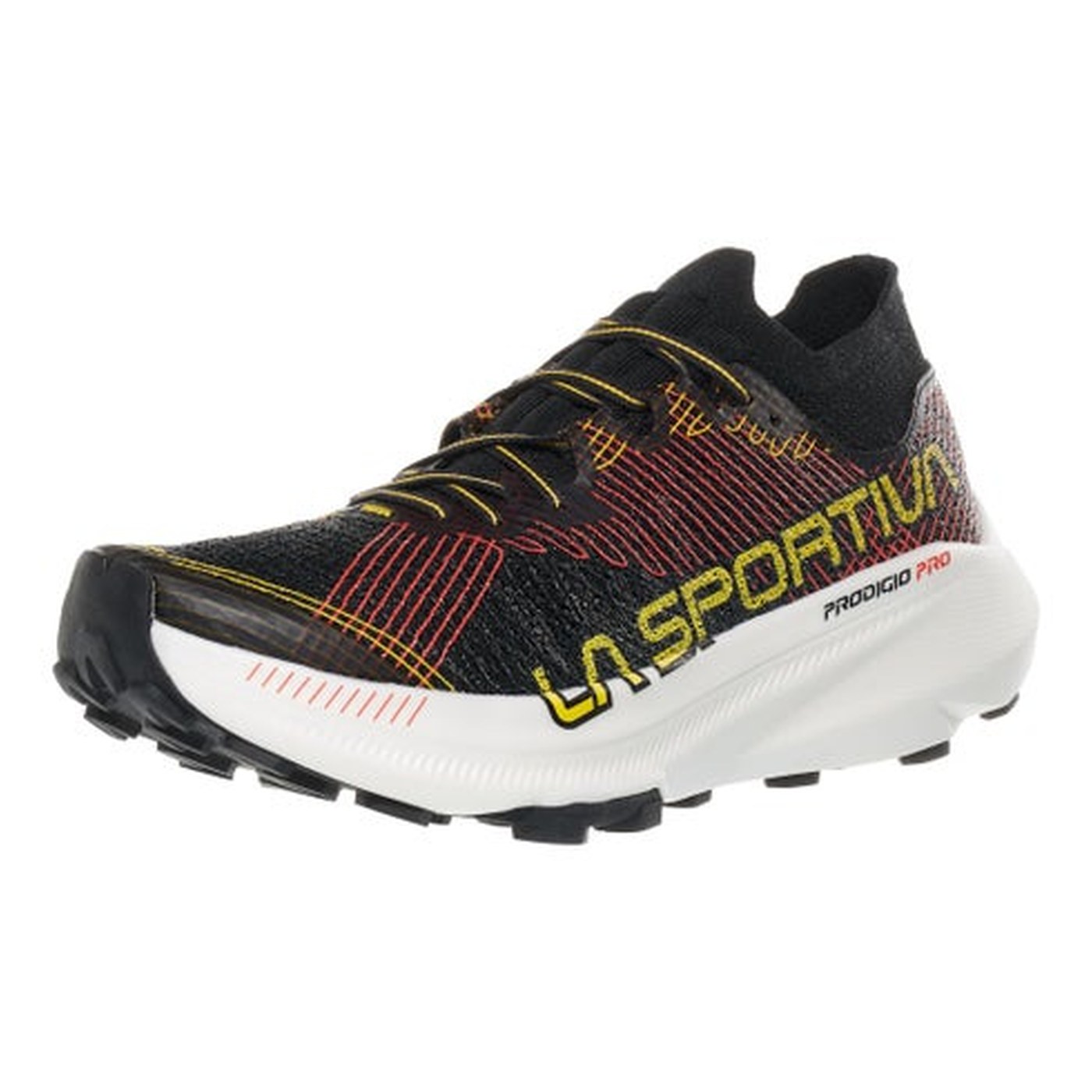 La Sportiva Prodigio Pro vue 3/4 face avant, détail Knit Collar et laçage