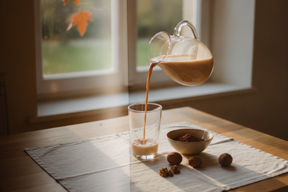 Verre de lait au chocolat versé dans une cuisine ensoleillée d'automne