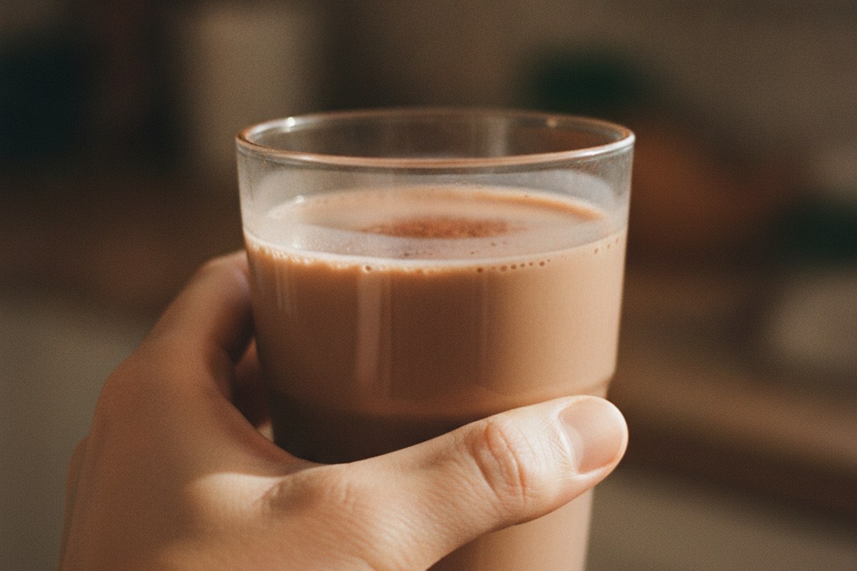 Main tenant un verre de lait au chocolat après une sortie running
