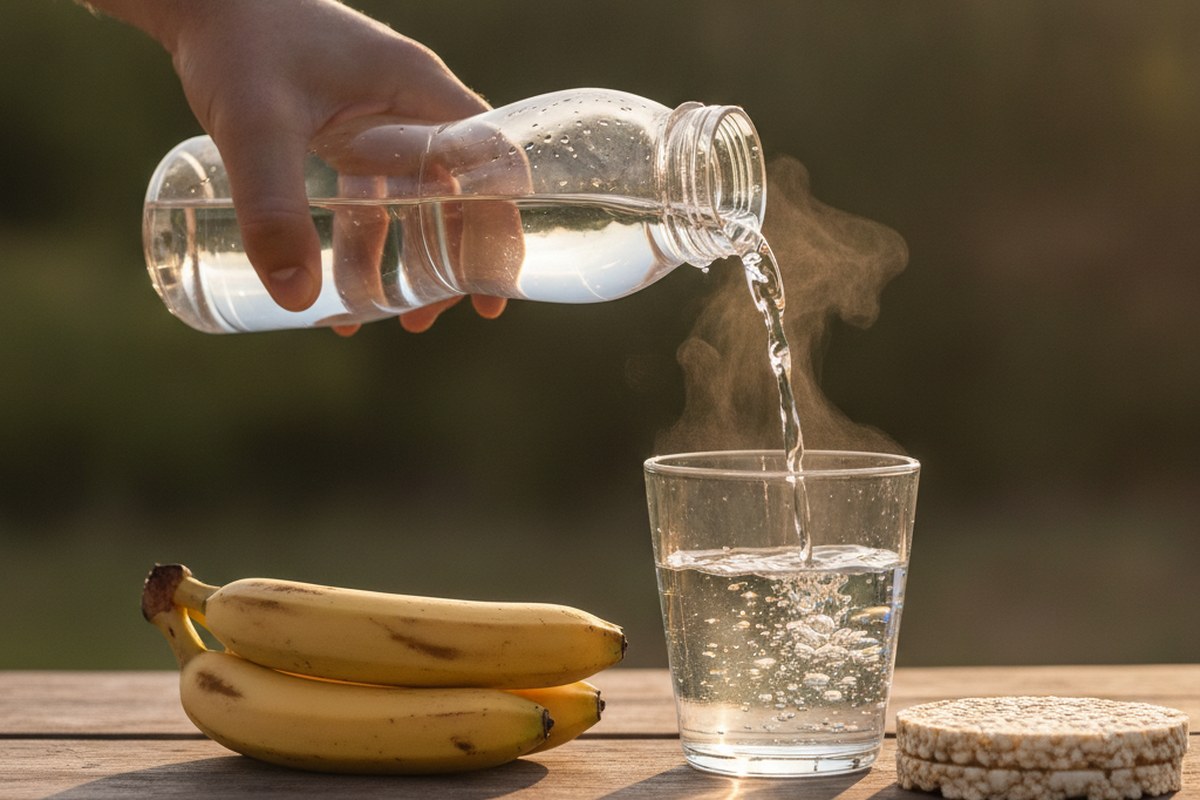 Verre d'eau, bananes et galettes de riz sur une table en bois clair