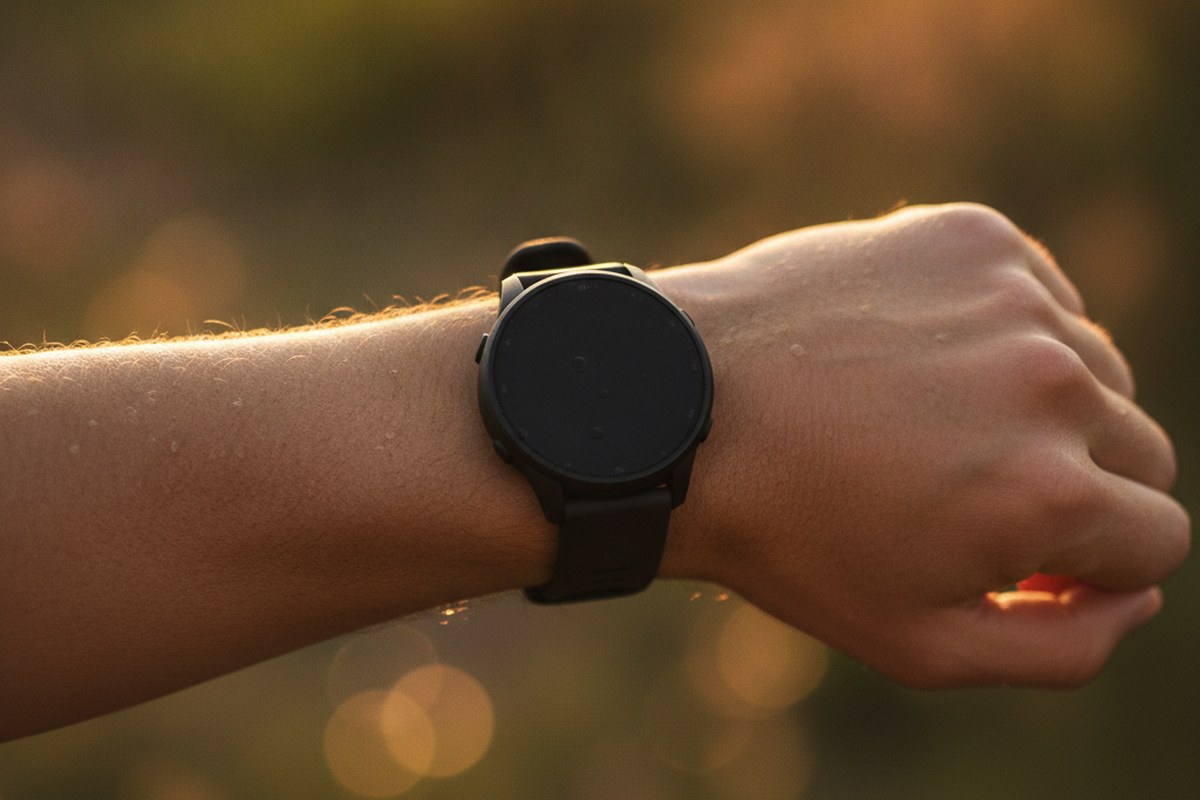 Montre GPS au poignet d'un coureur, utilisée pour contrôler l'allure pendant l'effort