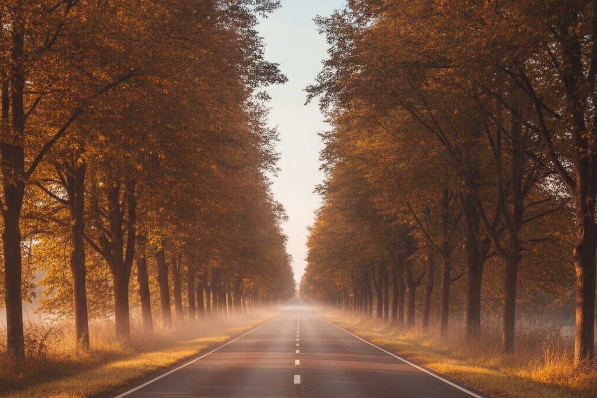 Route bordée d'arbres aux couleurs d'automne au petit matin, brume légère au sol