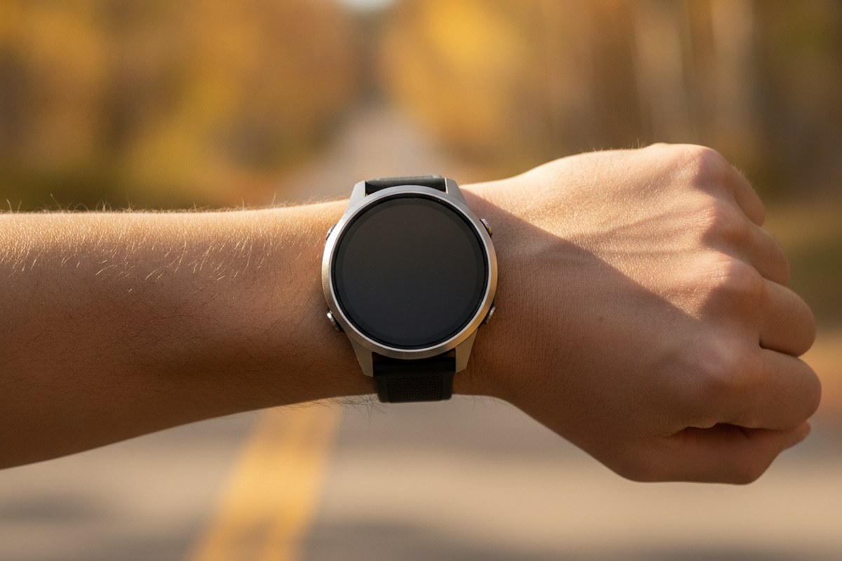 Gros plan sur une montre GPS au poignet d'un coureur en pleine foulée