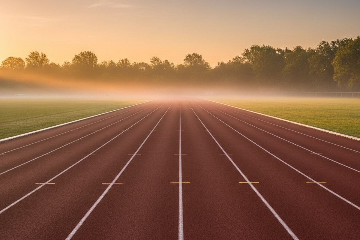 Piste d'athlétisme déserte au lever du soleil, perspective centrale