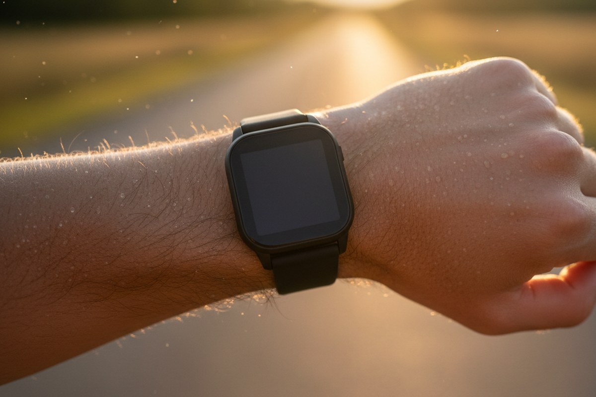 Gros plan d'une montre de course au poignet d'un coureur, lumière dorée