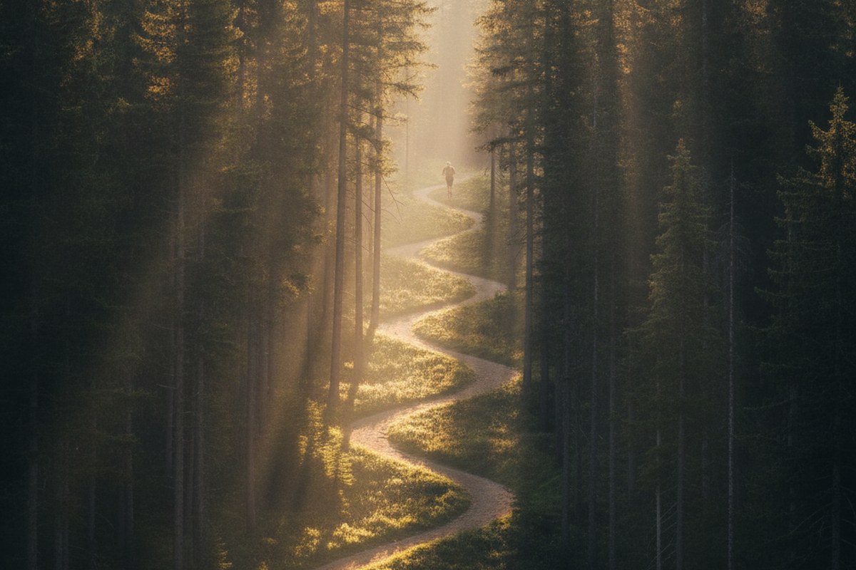 Sentier de montagne en lacets traversant une forêt de pins au lever du jour
