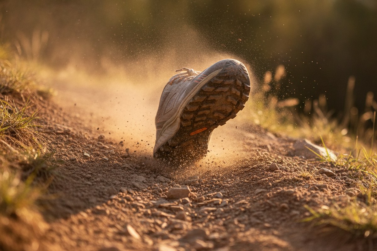 Gros plan sur une chaussure de trail qui pousse sur un sentier caillouteux en pente