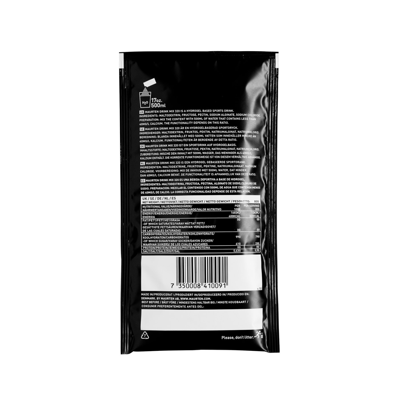 Maurten Drink Mix 320, dos du sachet avec étiquette nutritionnelle