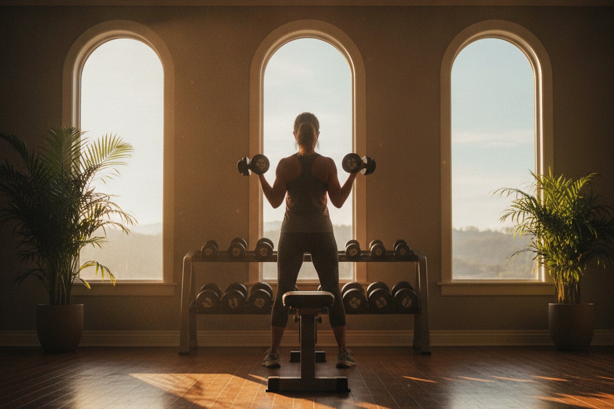 Femme vue de dos qui soulève des haltères dans une salle de sport baignée de lumière du matin
