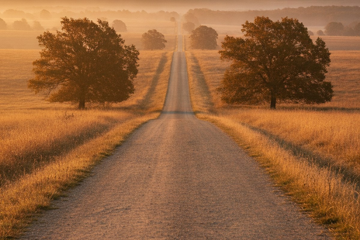 Longue route de campagne au lever du soleil avec point de fuite au centre