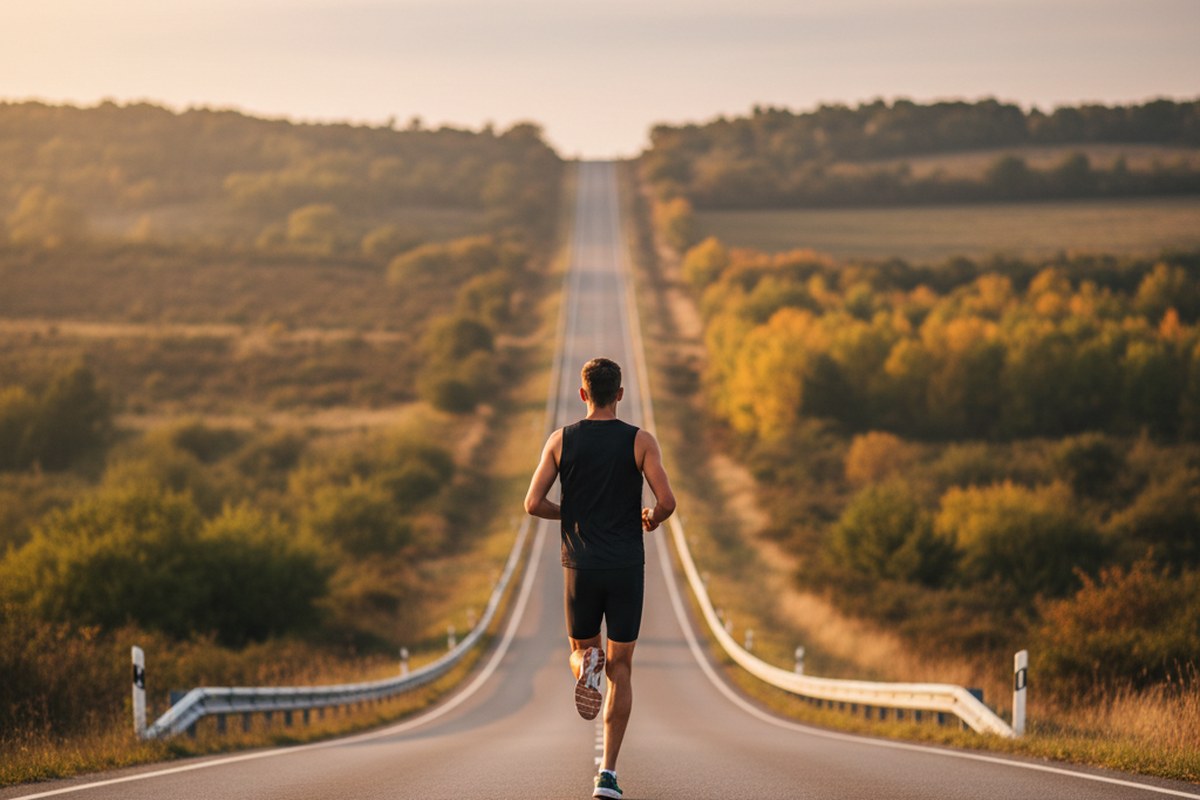 Coureur seul de dos sur une longue route droite au lever du jour