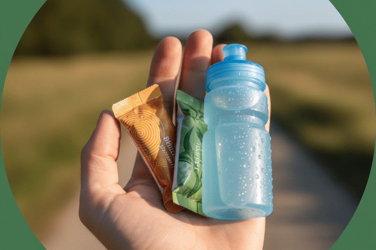 Gels énergétiques et petite bouteille de boisson isotonique dans la main d'un coureur