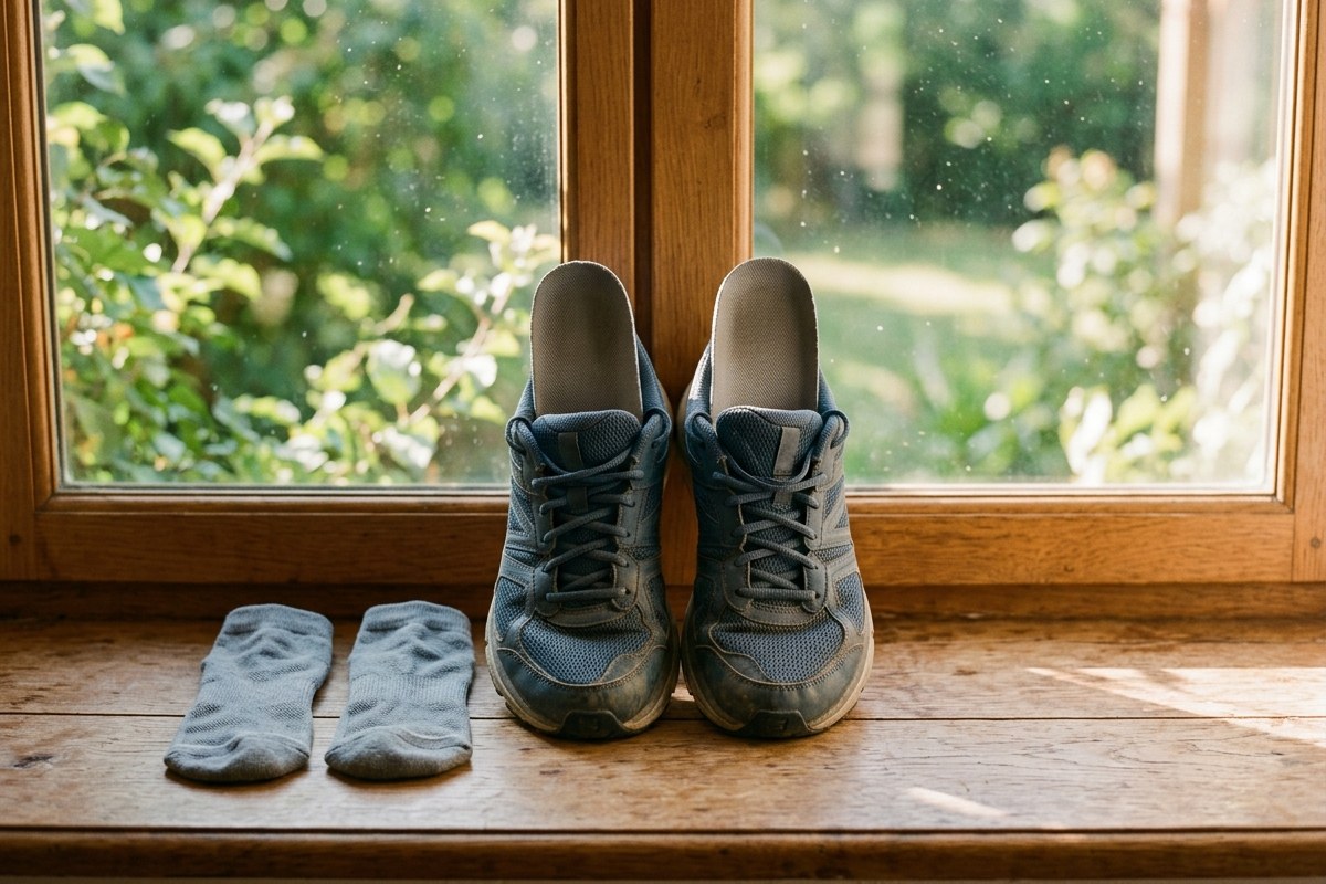 Chaussures et chaussettes de running posées sur un rebord de fenêtre ensoleillé pour sécher