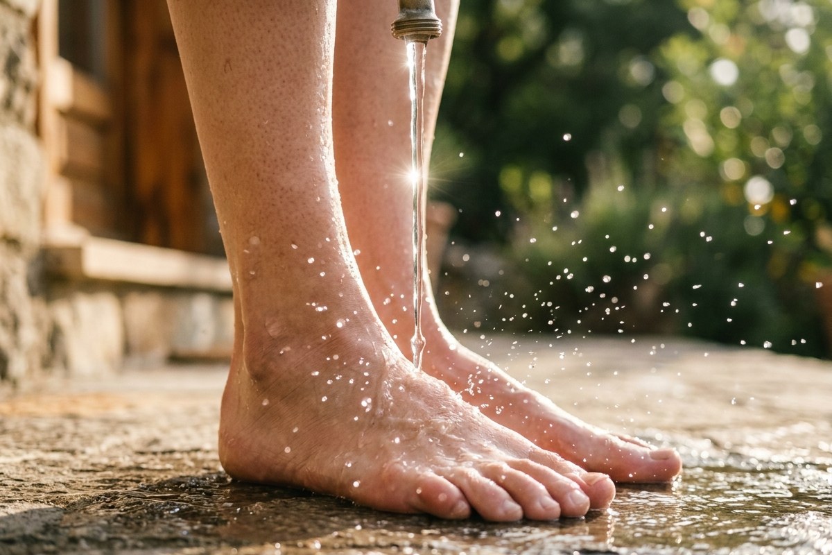 Gros plan sur des pieds rincés à l'eau claire en extérieur après une sortie de running