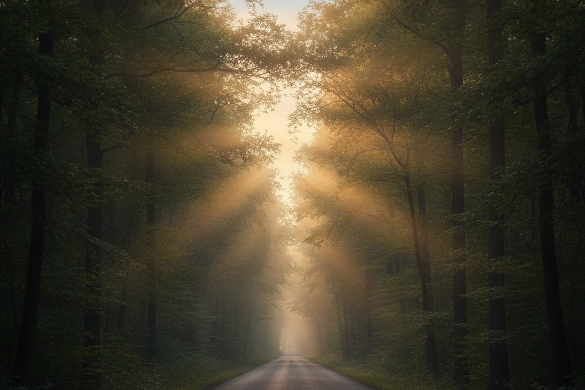 Route de campagne déserte au lever du jour, brume entre les arbres