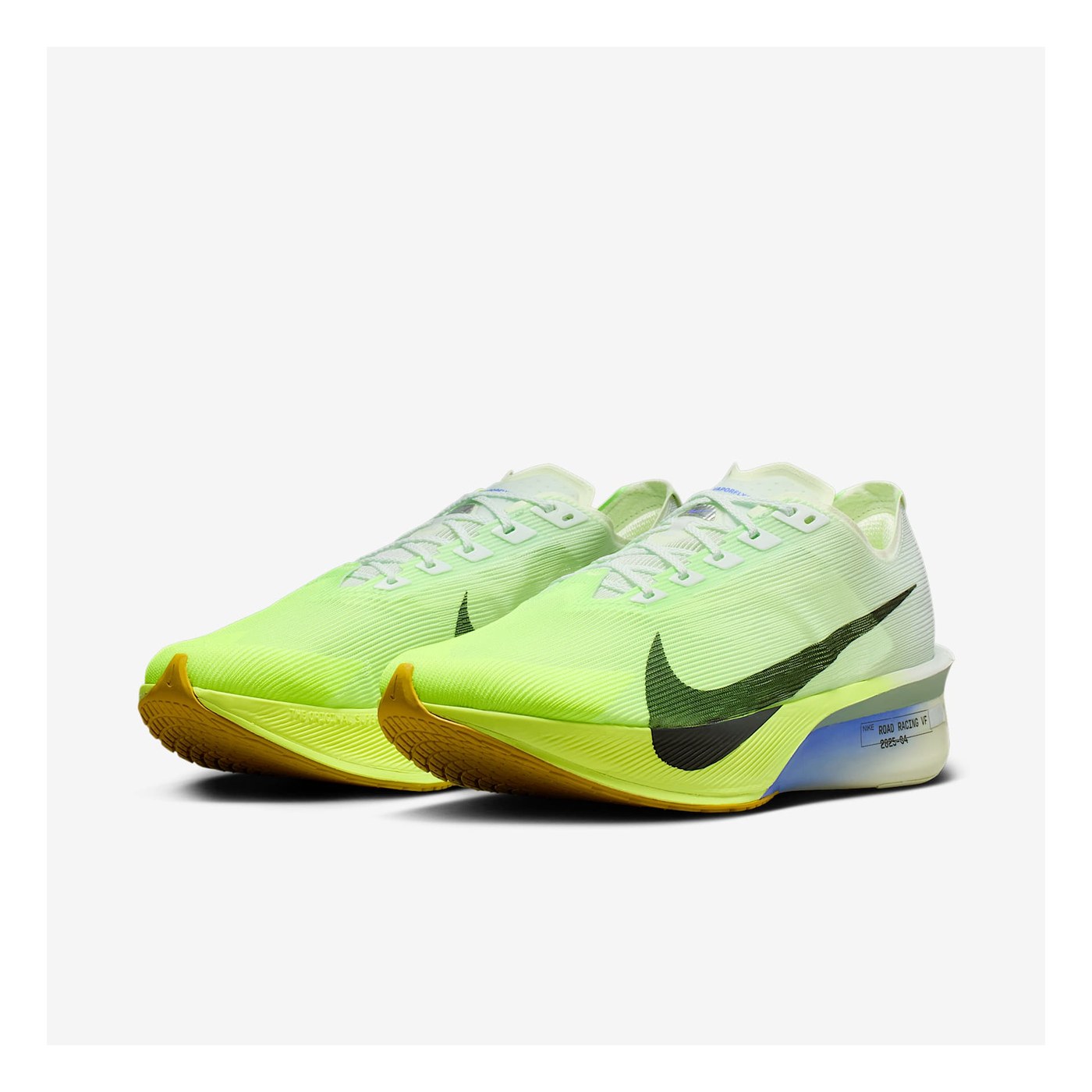 Nike Vaporfly 4 vue trois-quarts face, coloris jaune fluo et bleu