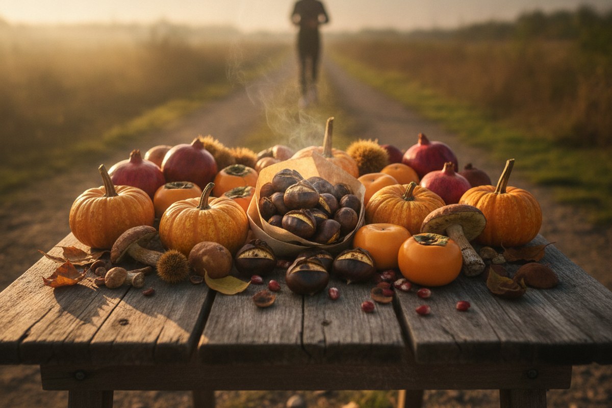 Étal de marché en automne avec courges, châtaignes, grenades et champignons