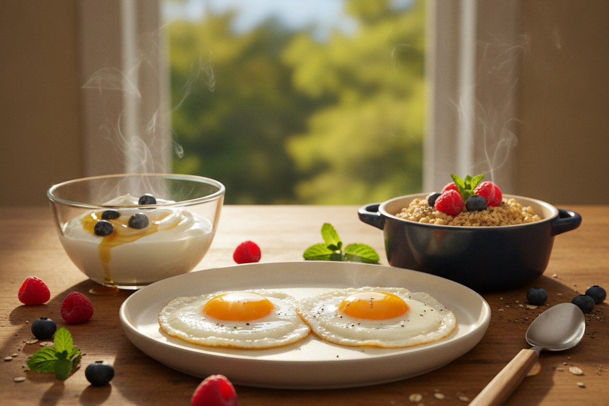 Petit-déjeuner riche en protéines dressé sur un plan de travail ensoleillé, œufs, yaourt grec et fruits rouges