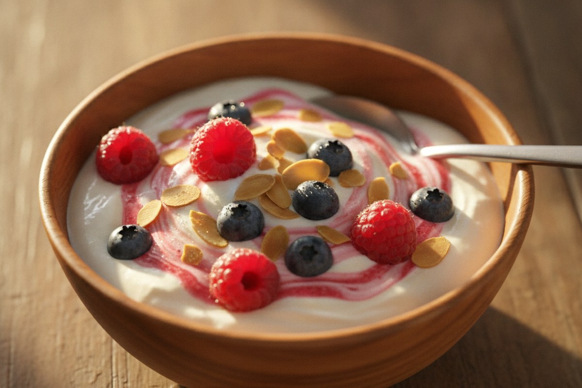 Gros plan sur un bol de yaourt grec avec fruits rouges et amandes, lumière du matin