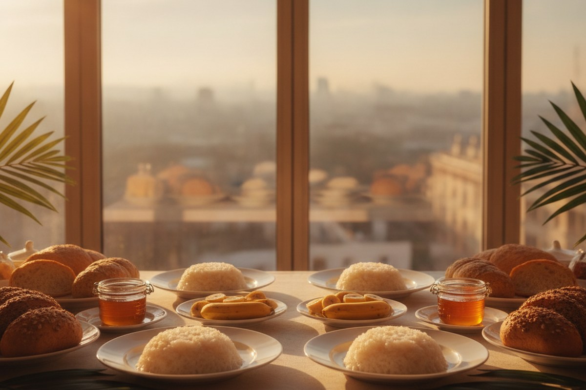 Buffet de petit-dejeuner d'hotel avec pain, bananes et miel dans la lumiere du matin