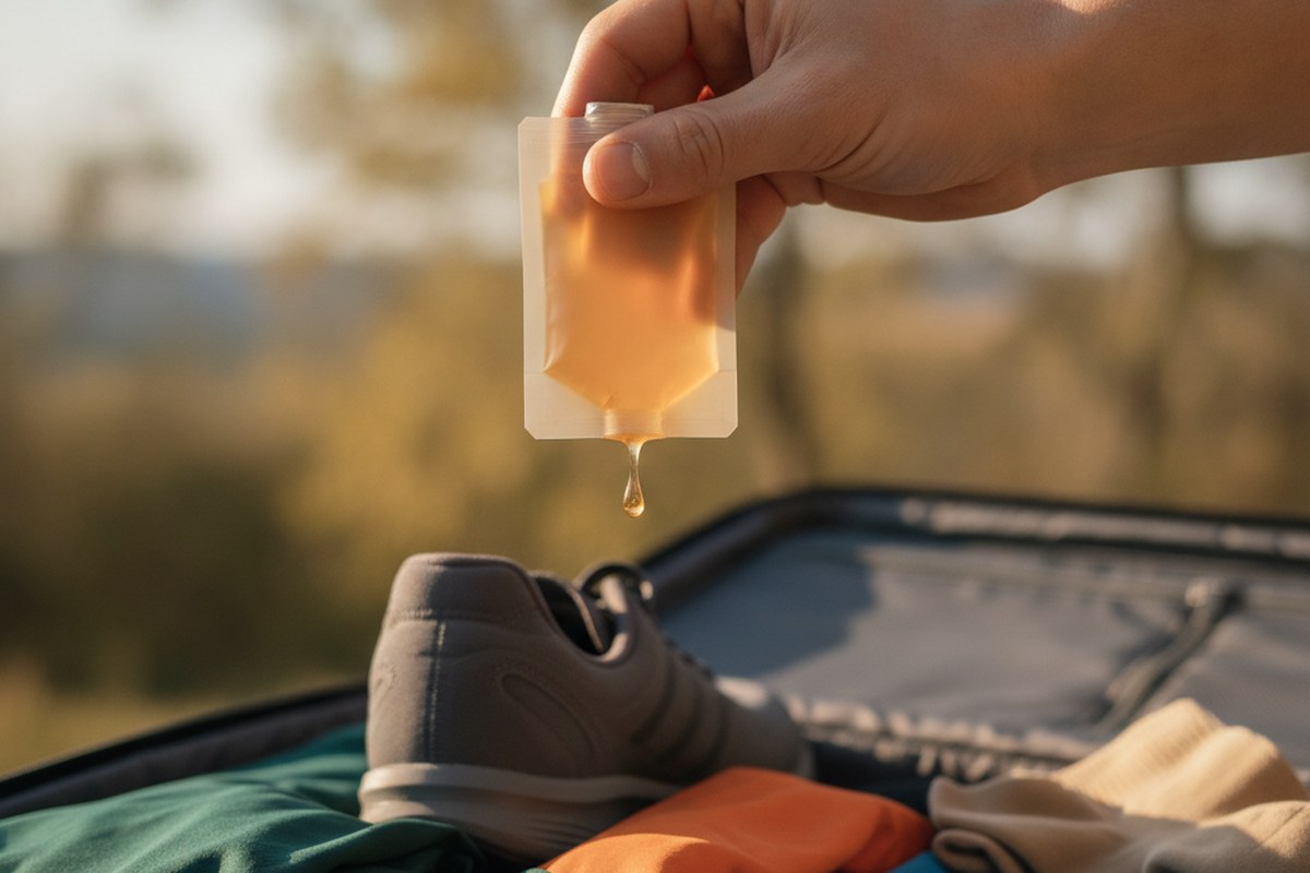 Gel energetique tenu au dessus d'une valise ouverte contenant une chaussure de course