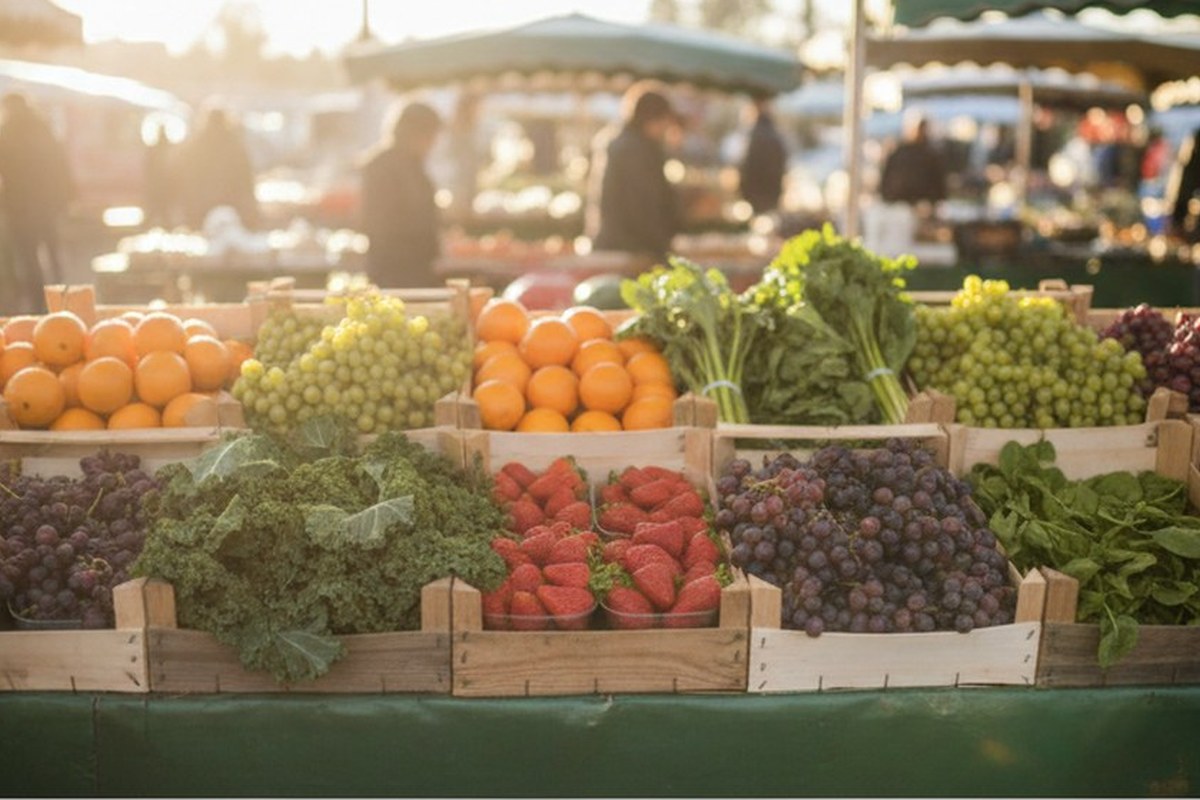 Étal de marché rempli de fruits et légumes frais au petit matin
