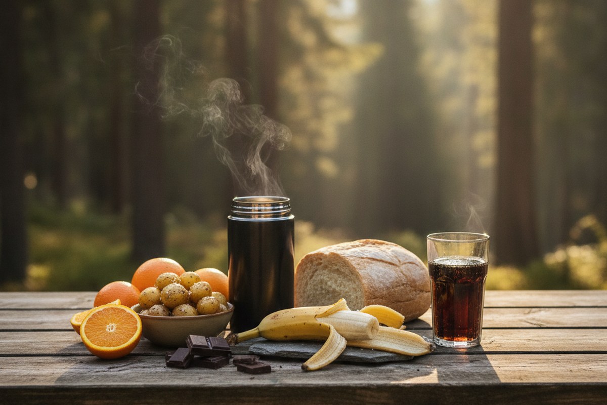 Ravitaillement type sur un ultra-trail : thermos de bouillon, oranges, bananes, chocolat, pain et boisson cola sur une table en bois en forêt