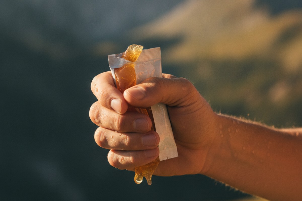 Gros plan sur une main de traileur ouvrant un sachet de gel énergétique en haute montagne