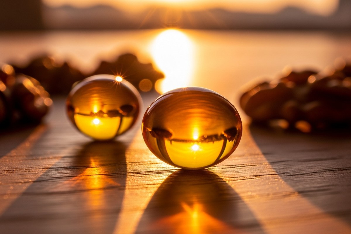 Capsules d'huile de poisson oméga-3 dorées et noix sur une surface en bois chaude
