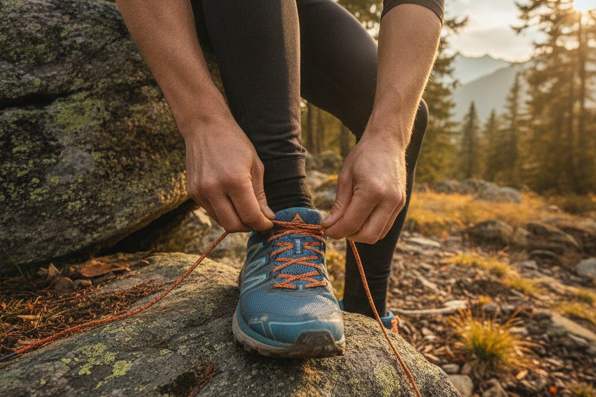 Mains resserrant le laçage d'une chaussure de trail au niveau de la cheville avec la technique du laçage de blocage