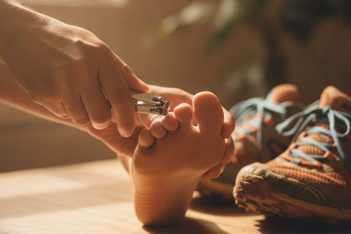 Gros plan sur des mains coupant un ongle de pied court et droit à côté d'une paire de chaussures de trail