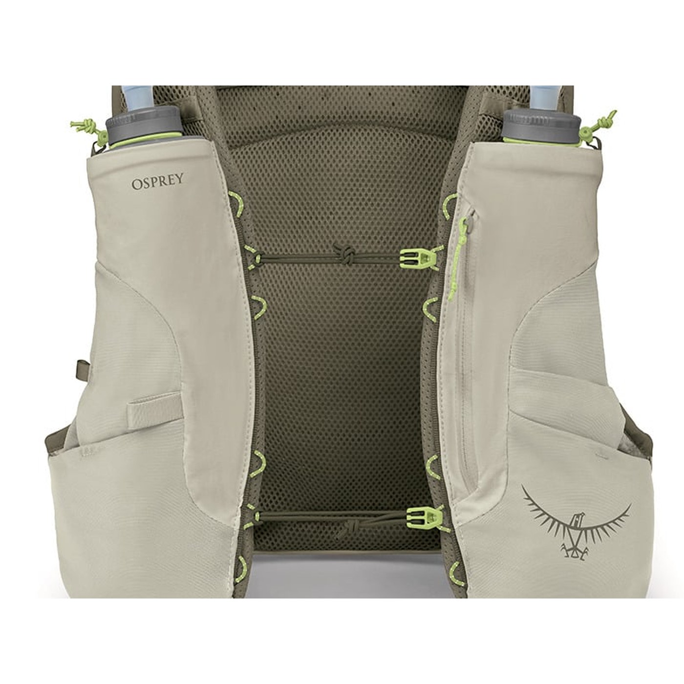 Osprey Duro 6 S26 zoom détail pochettes flasques avant cordons élastiques verts