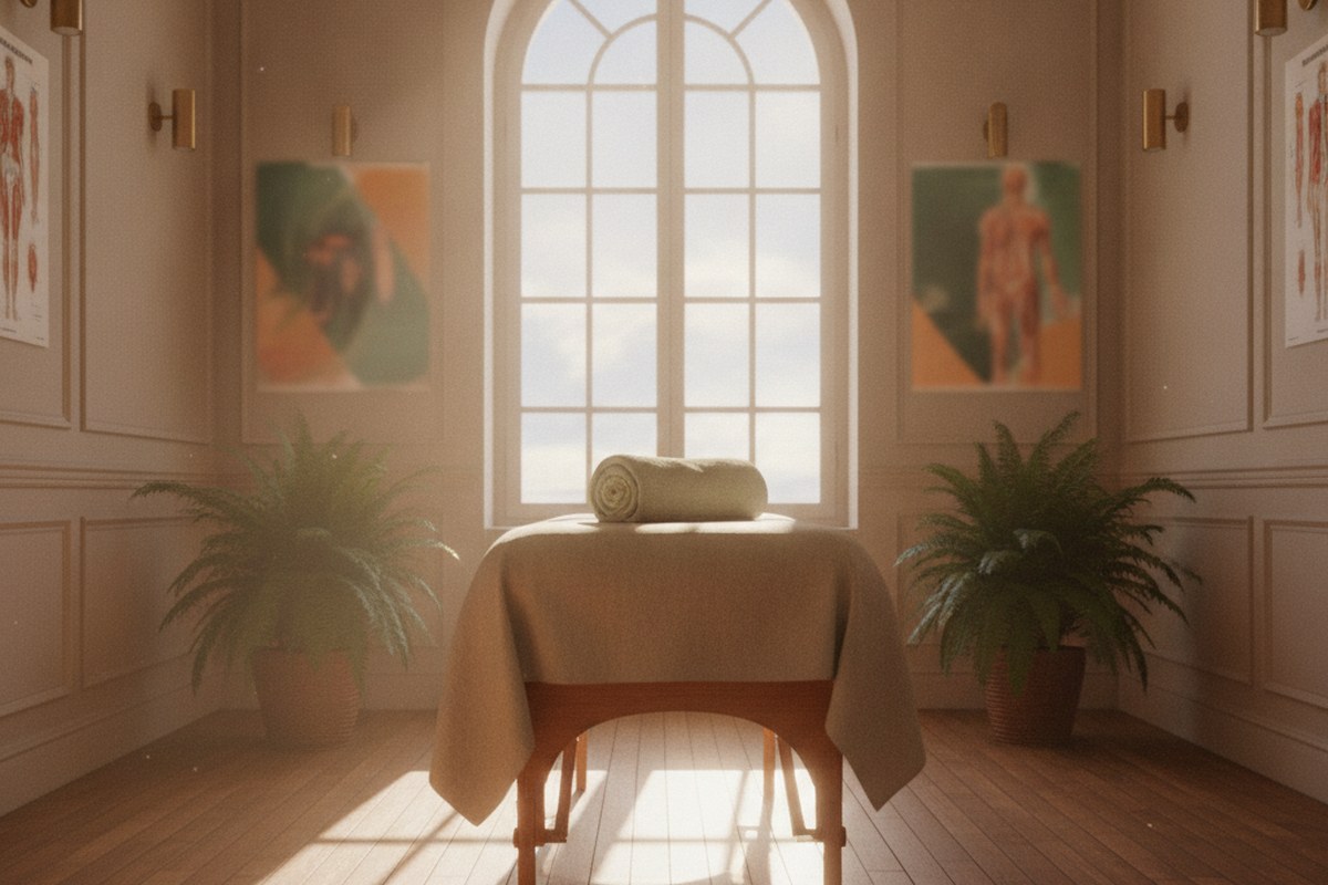 Salle de soins ostéopathique lumineuse avec table de massage en bois et plantes vertes
