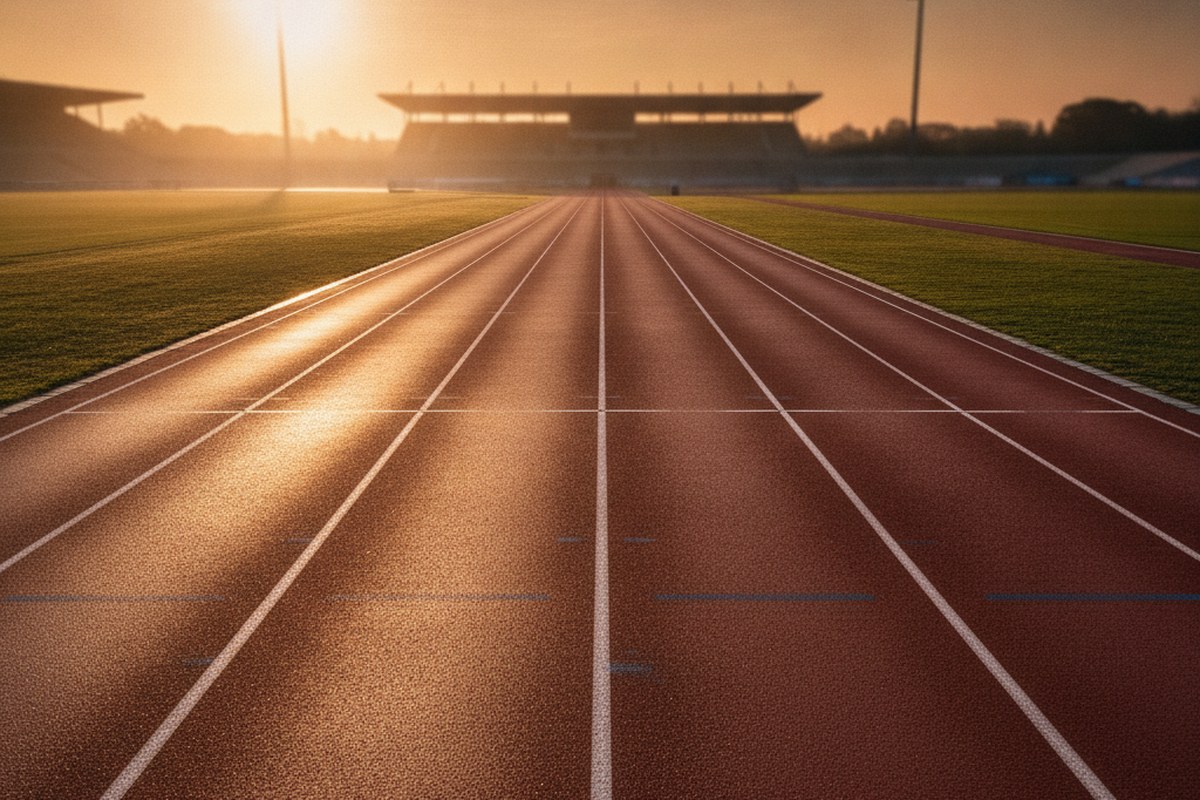 Piste d'athlétisme vide au lever du soleil, lignes convergentes